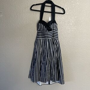 Vintage Eva Rose Dress Womens Small Black White Stripe Retro Pin-Up Halter Swing